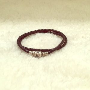 Pandora black leather double wrap charm bracelet
