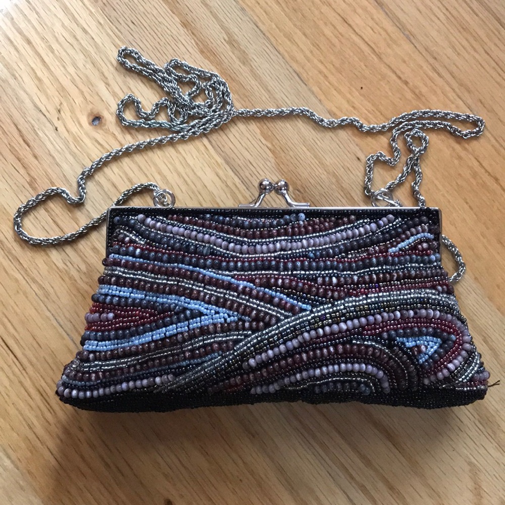 Multi colored burgundy beaded clutch