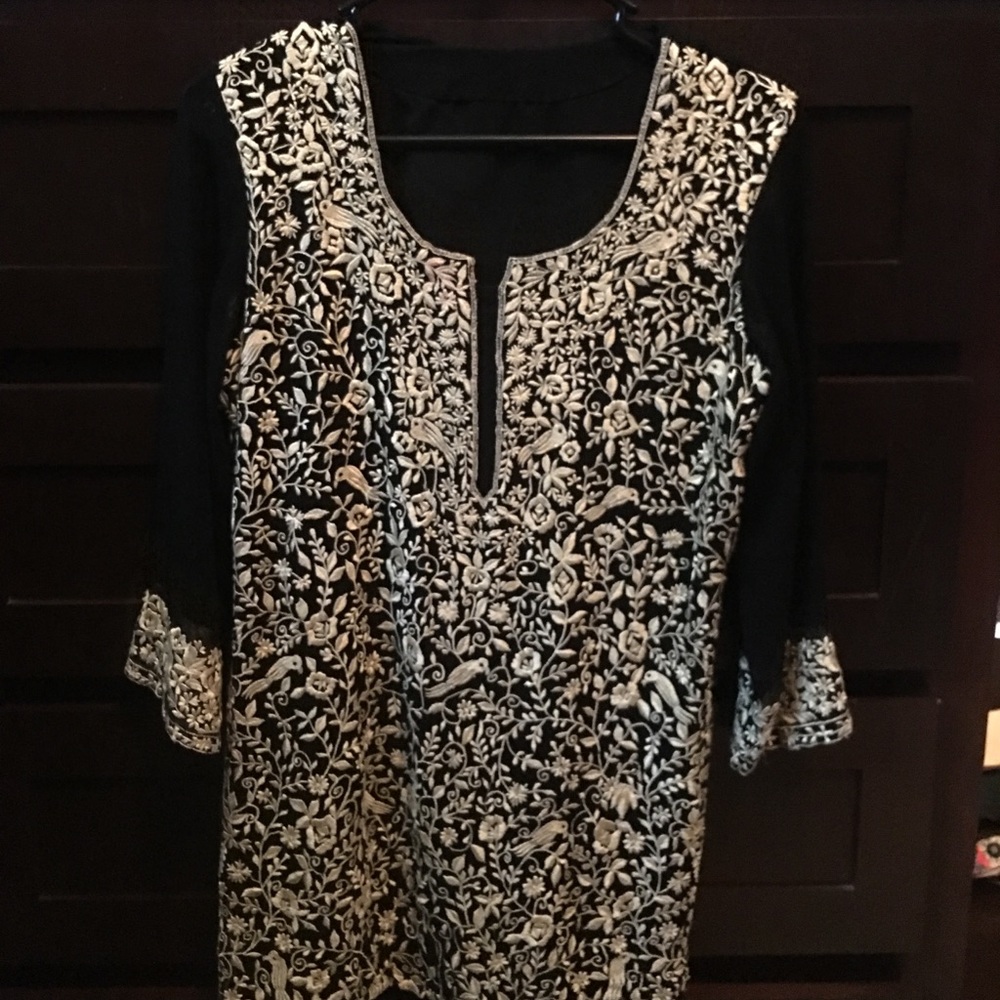 Black and white intricate embroidery on Kurta