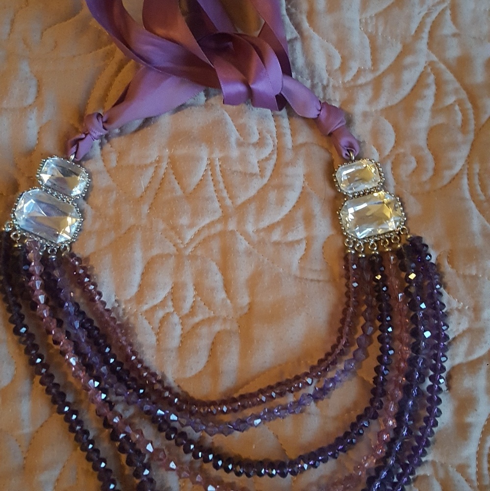 Beaded necklace ribbon tie with large clear stones