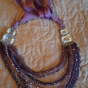 Beaded necklace ribbon tie with large clear stones