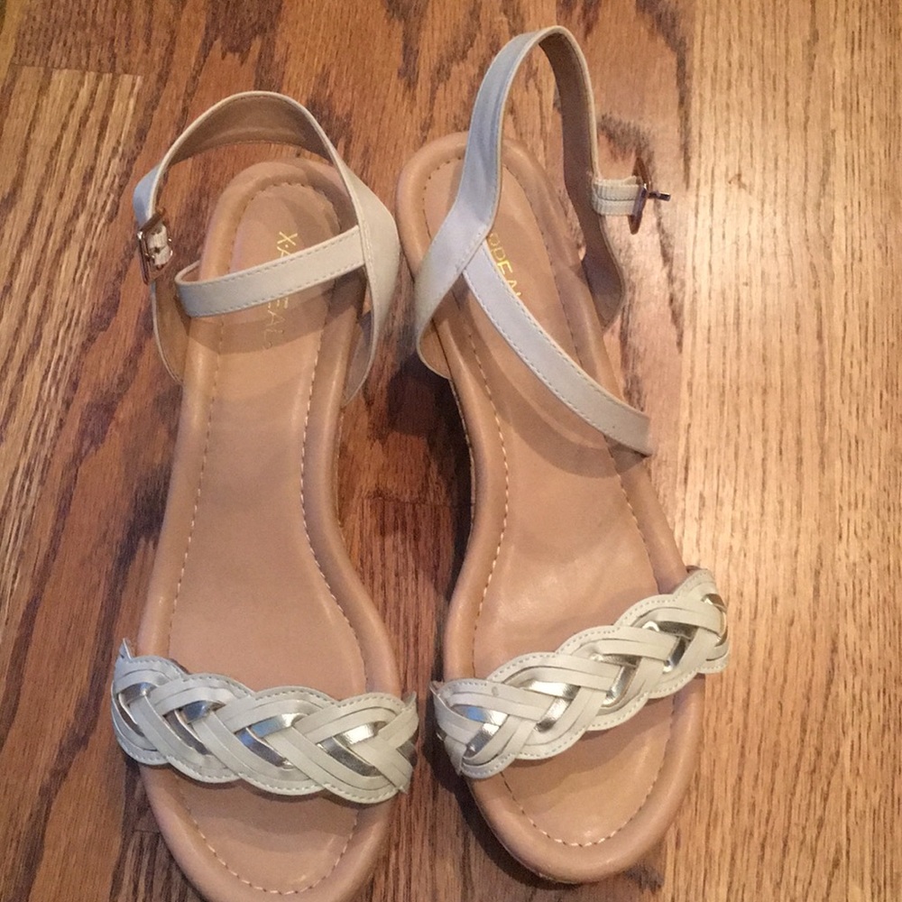 Gold and ivory cork heel wedges