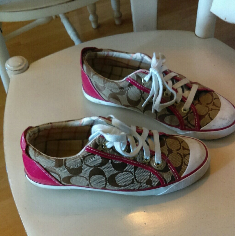 Tan and pink coach barrette sneakers