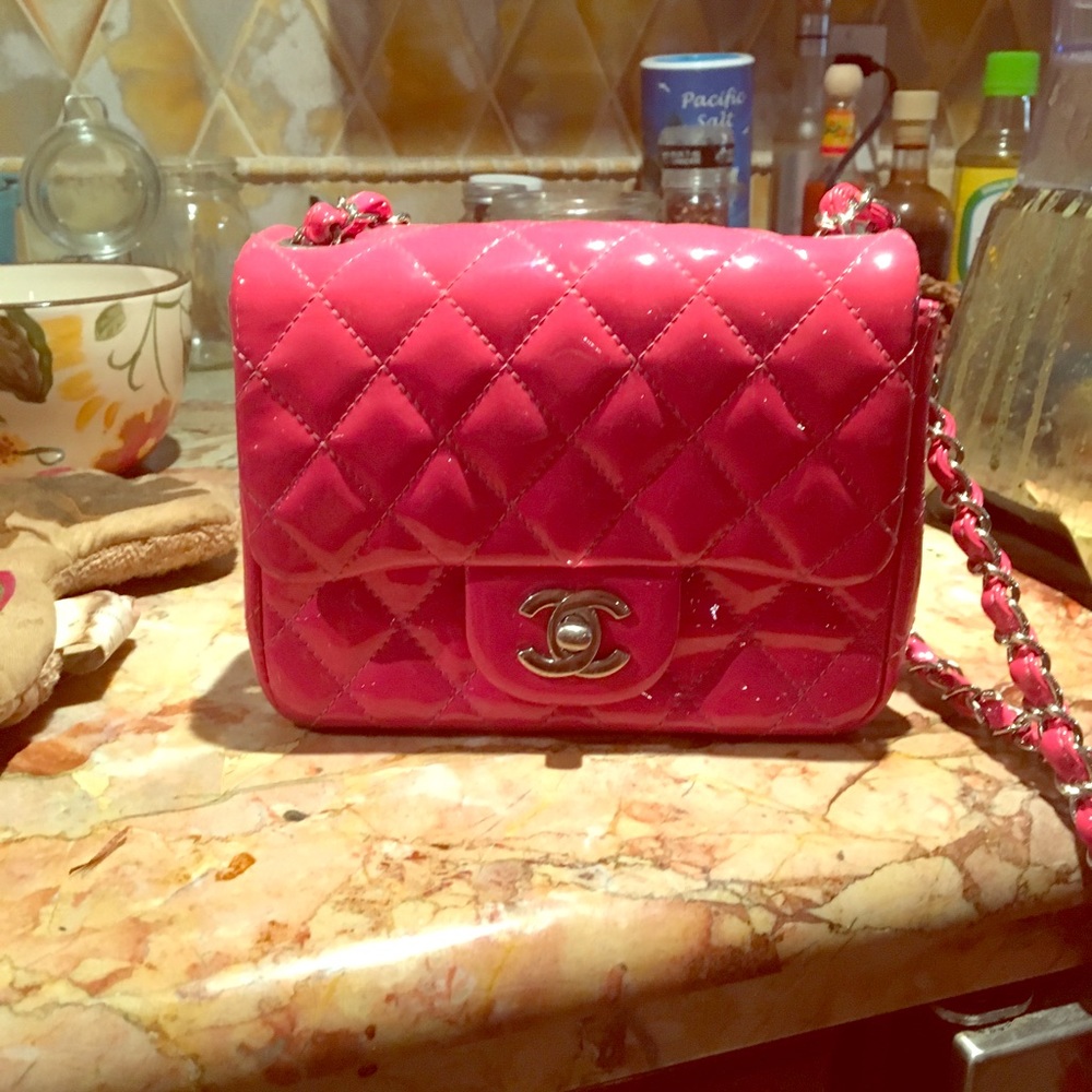 CHANEL Patent Quilted Extra Mini Flap Pink