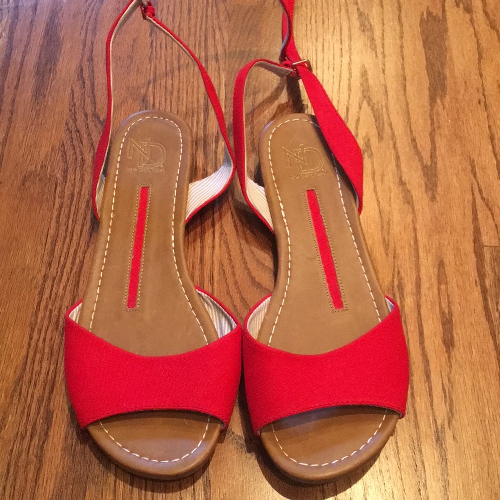 Red and tan crisscross sandals