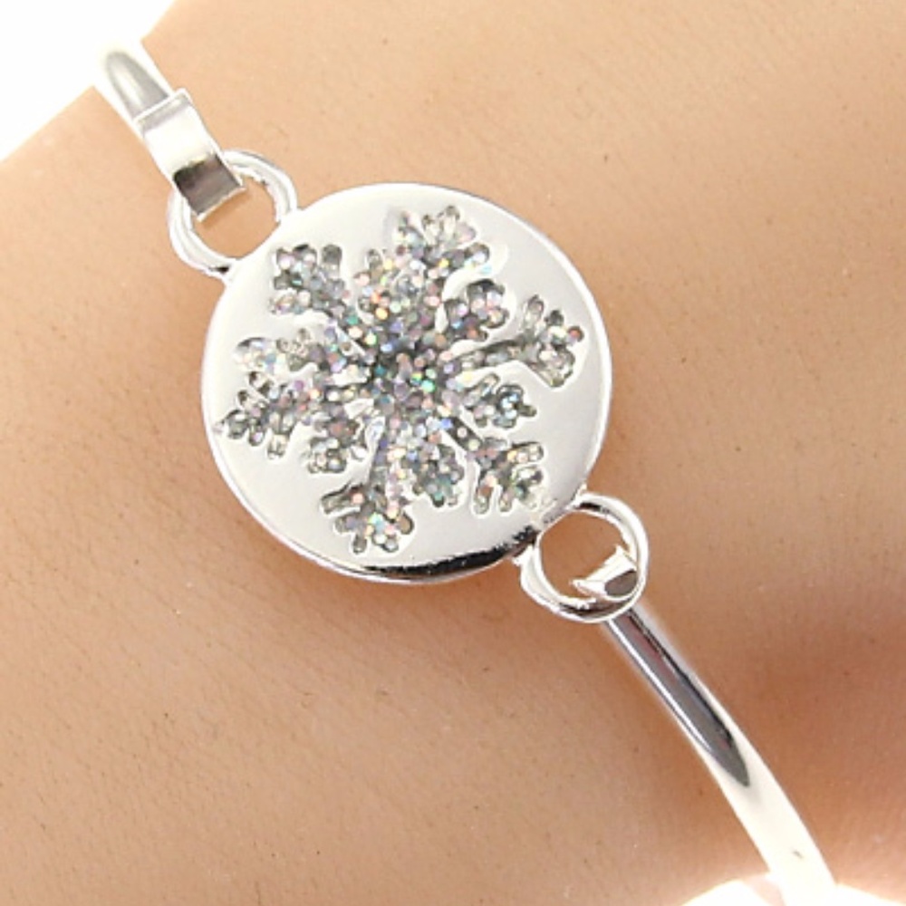 Glitter Snowflake  Sliver Tone Hook Bracelet