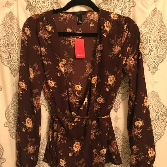 Burgundy Wrap Around Floral Blouse - Picture 3 of 5