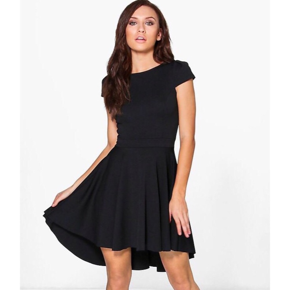 Boohoo Black Cap Sleeve High-Low Skater Dress