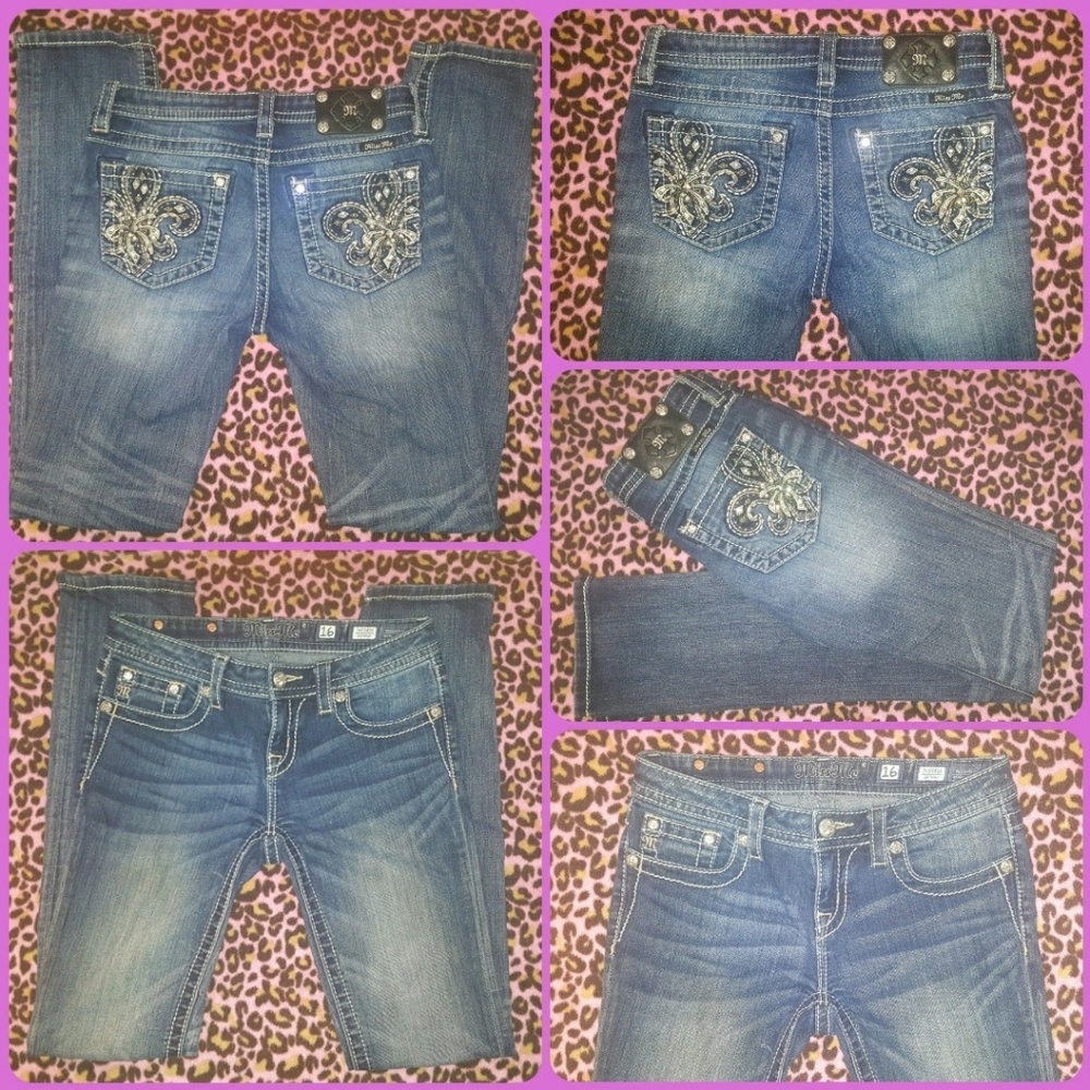 💜 MISS ME BUCKLE JEANS FLEUR DE LIS BLING CROSS