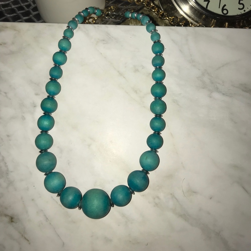 Aqua Beaded Necklace- short length- small balls