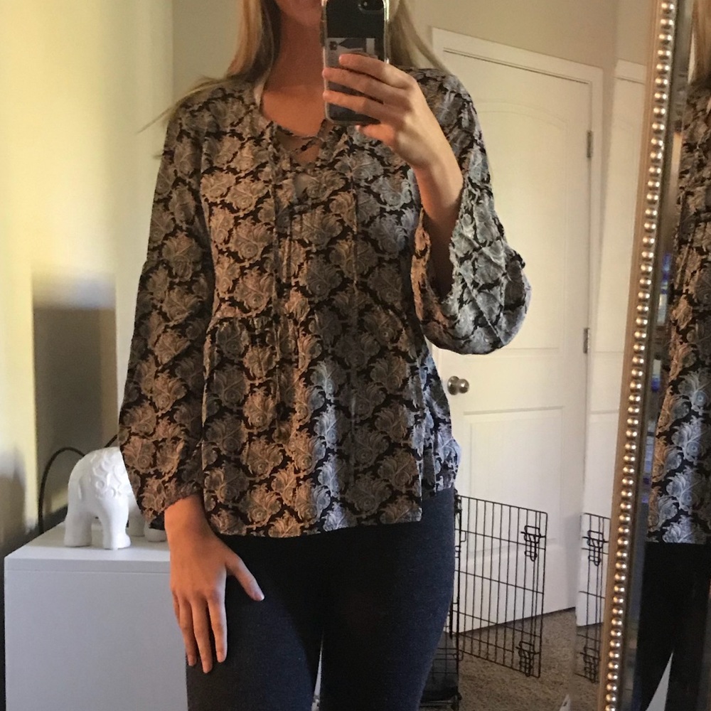 Patterned Lace Up Bell Sleeve Peplum Top