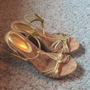 Gold T-Strap Cork Wedge Heels