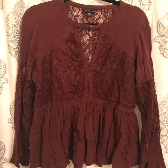Wine Lace Bell Sleeve Peplum Top - Picture 1 of 3