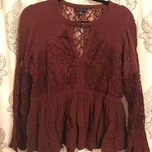 Wine Lace Bell Sleeve Peplum Top