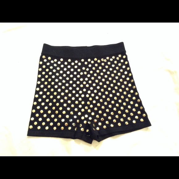 High Waisted Gold Studded Black Sweater Shorts - Picture 2 of 6