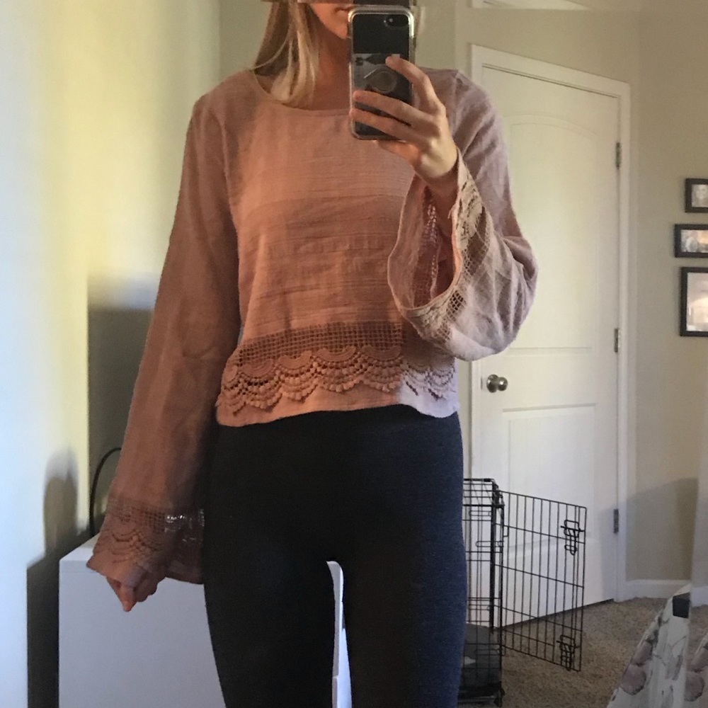 Blush Bell Sleeve Lace Trim Crop Top