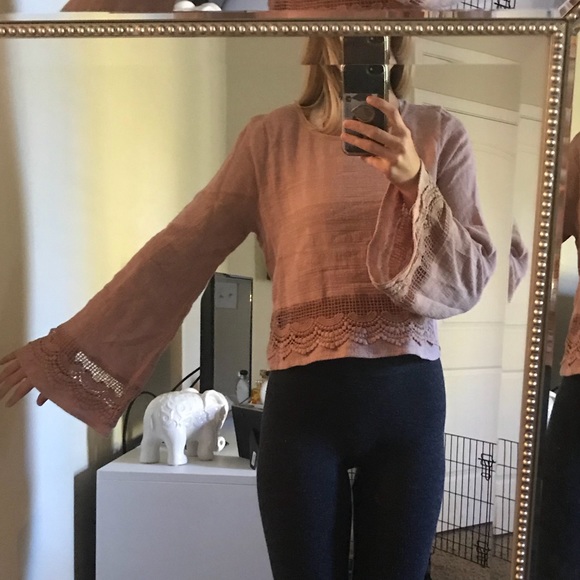 Blush Bell Sleeve Lace Trim Crop Top - Picture 2 of 4