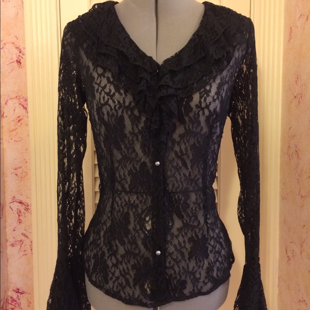 Black lace bell sleeve ruffle front blouse