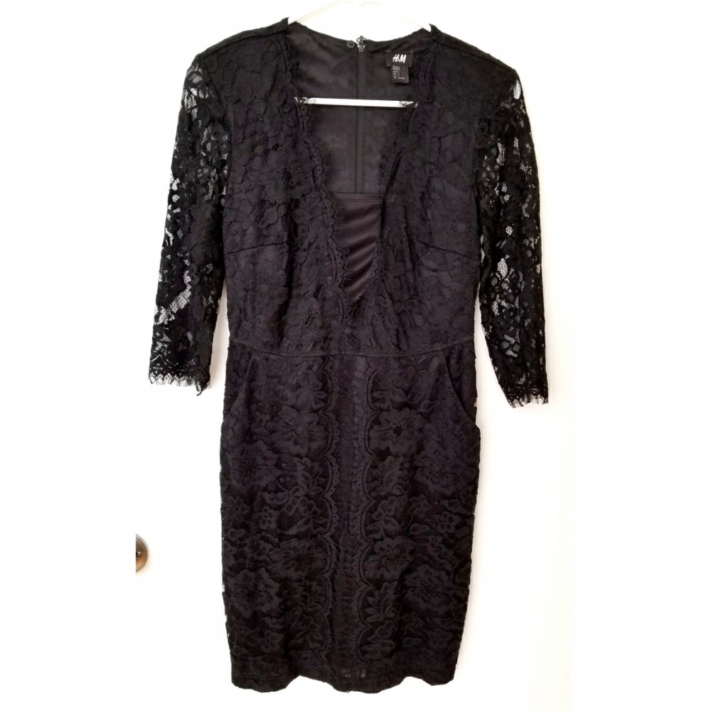 H&M Ladies Black V Neck Lace Pencil Dress