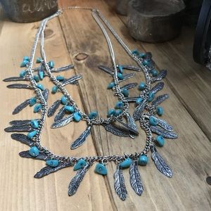 Silver Feather & Turquoise Stone Necklace
