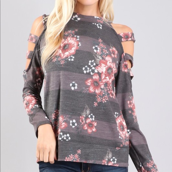 Floral Cold Shoulder turquoise and Gray Top - Picture 8 of 8