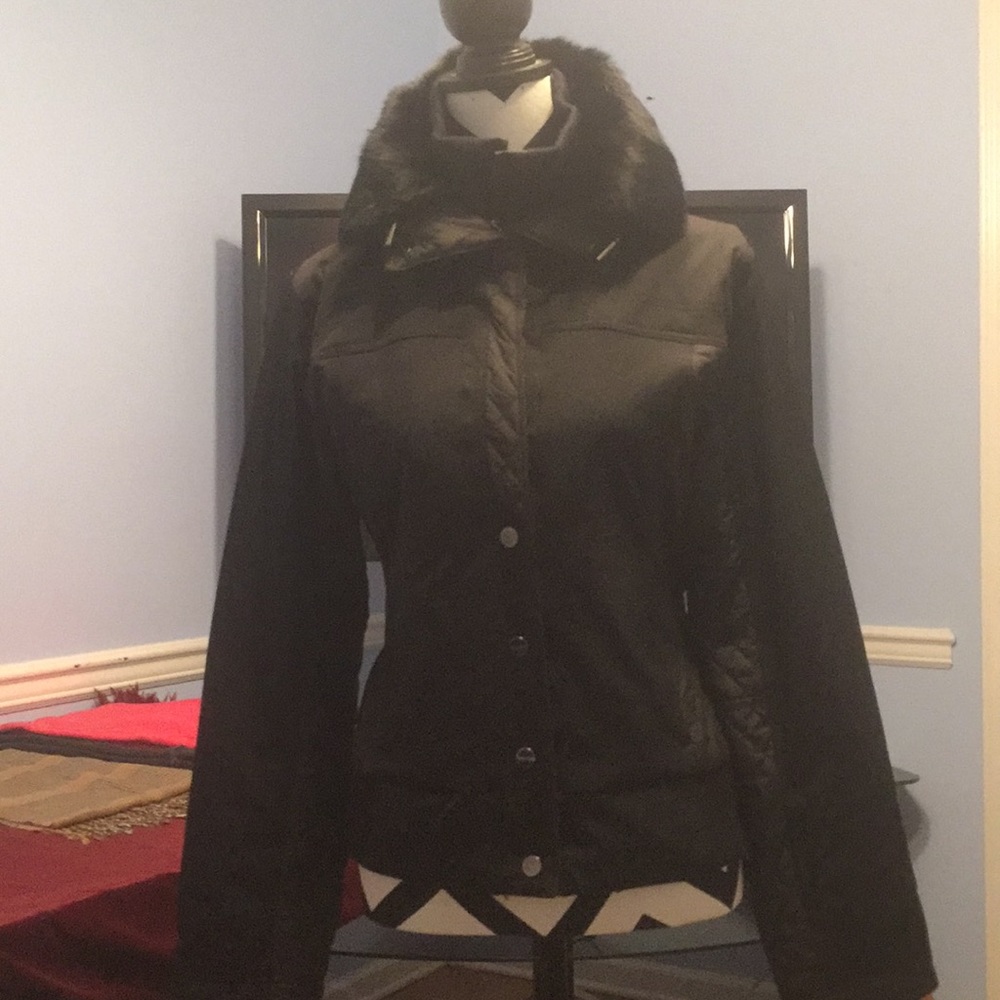 Tahari jacket with removable rabbit fur collar