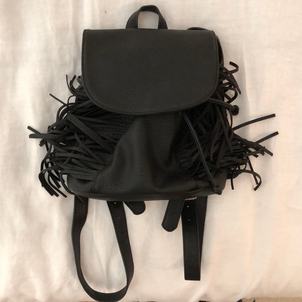 Black leather fringe backpack purse