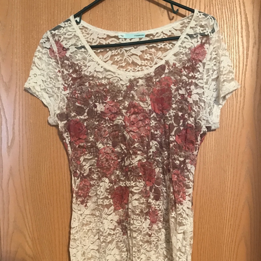 Sheer lace tee with floral print