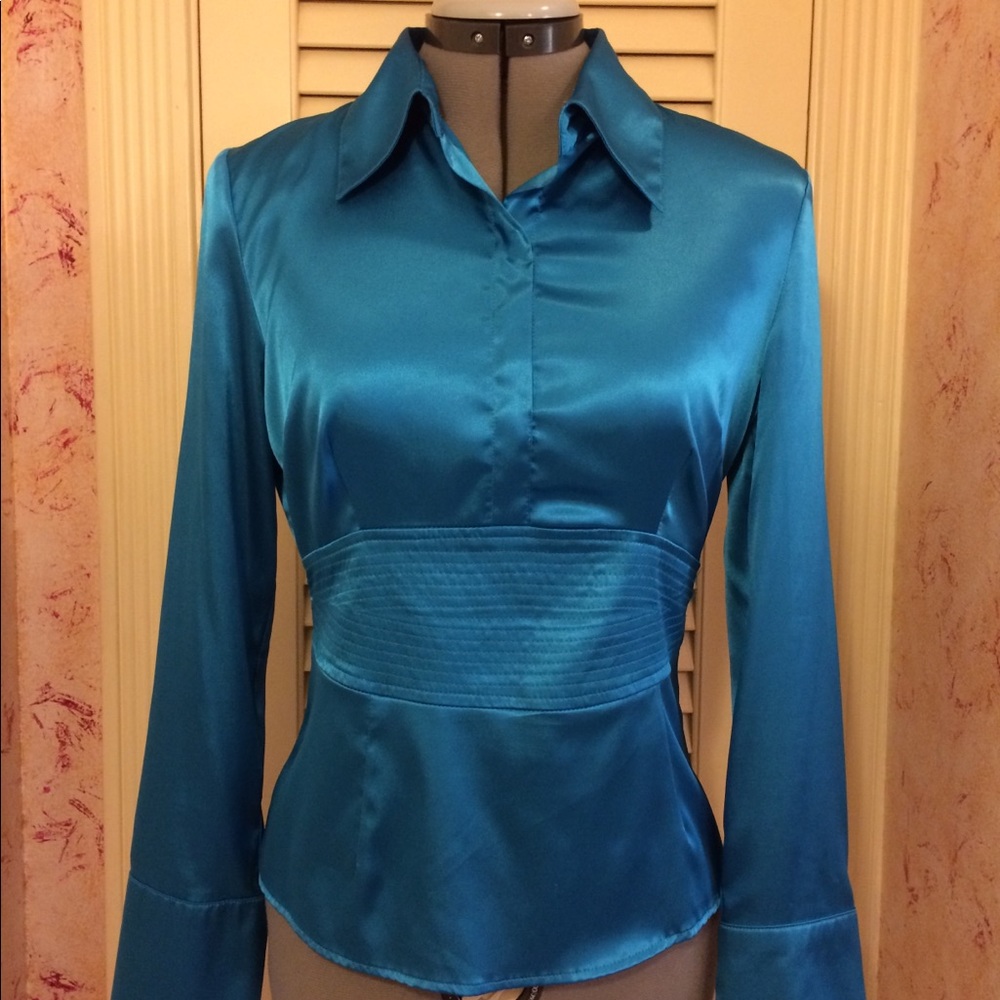 Blue satin bell sleeve dressy blouse