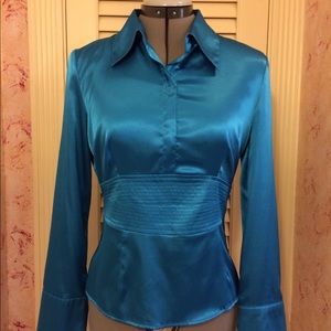 Blue satin bell sleeve dressy blouse
