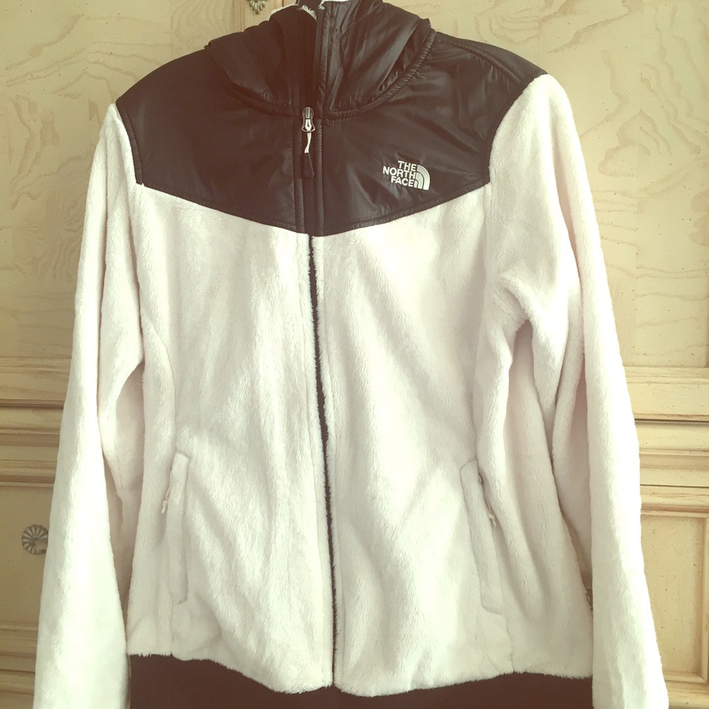 North Face white and black fleece jacket.