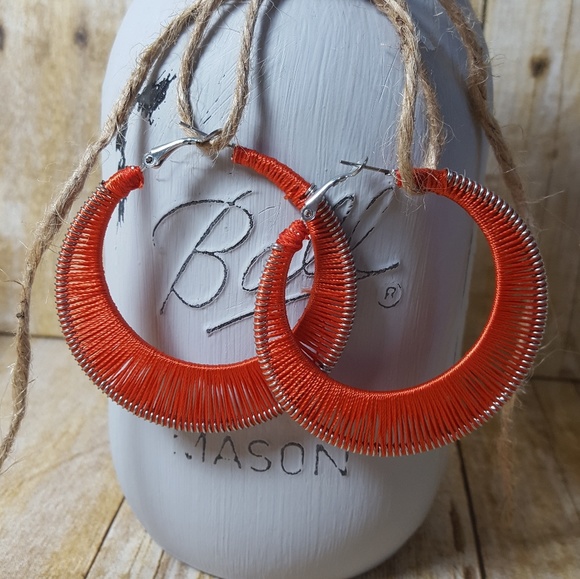 Hoop Earrings. Orange threaded. - Picture 2 of 4