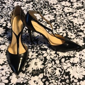 T strap black leather heels