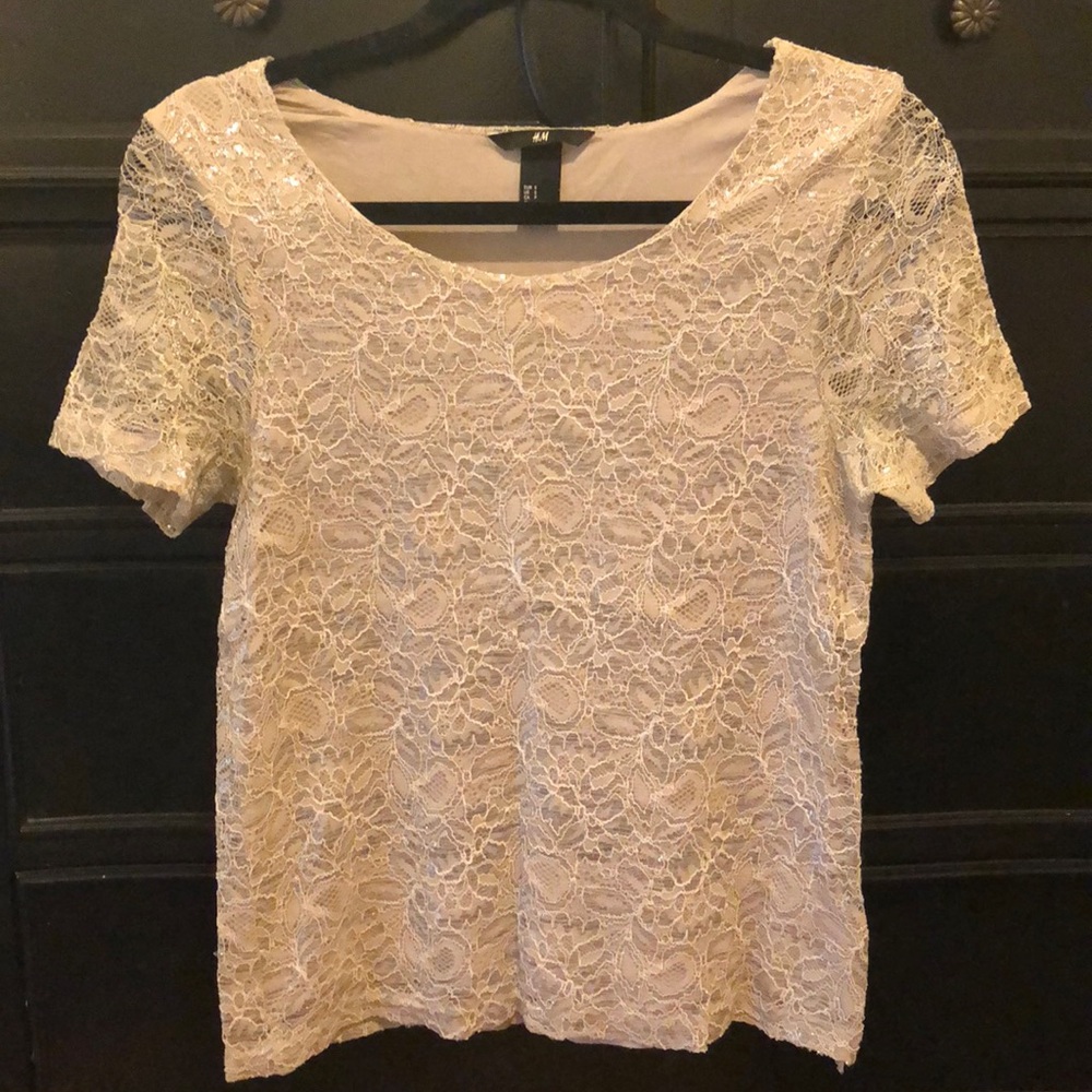 H&M Silver Holiday Top. Short, transparent sleeves
