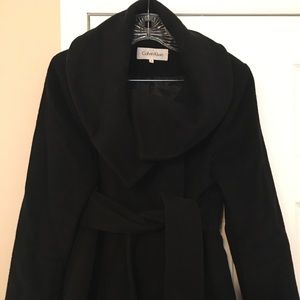 Calvin Klein Black Wool, Wrap Coat with Belt