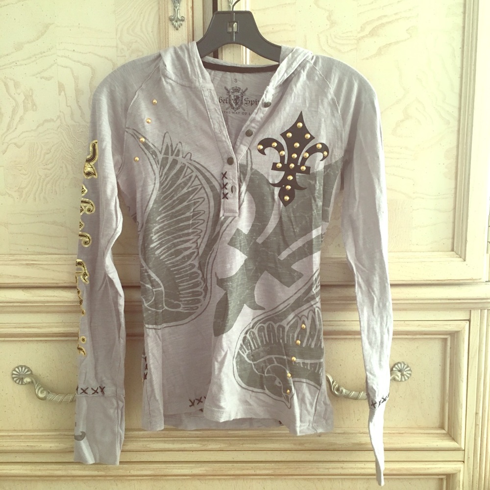 Rebel Spirit hooded top with bird embroidery.