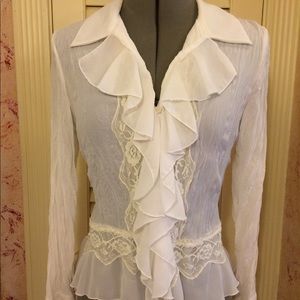 White sheer ruffle front bell sleeve blouse
