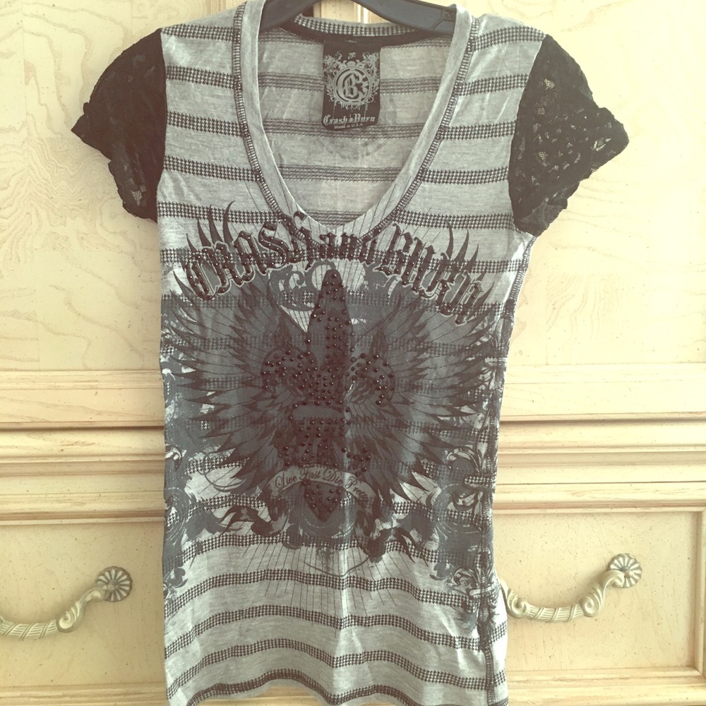 Crash and Burn Tee with lace sleeves