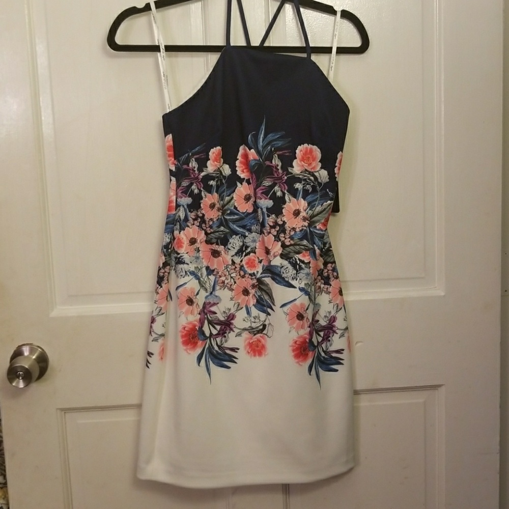 Guess floral fitted navy and white dress NWT