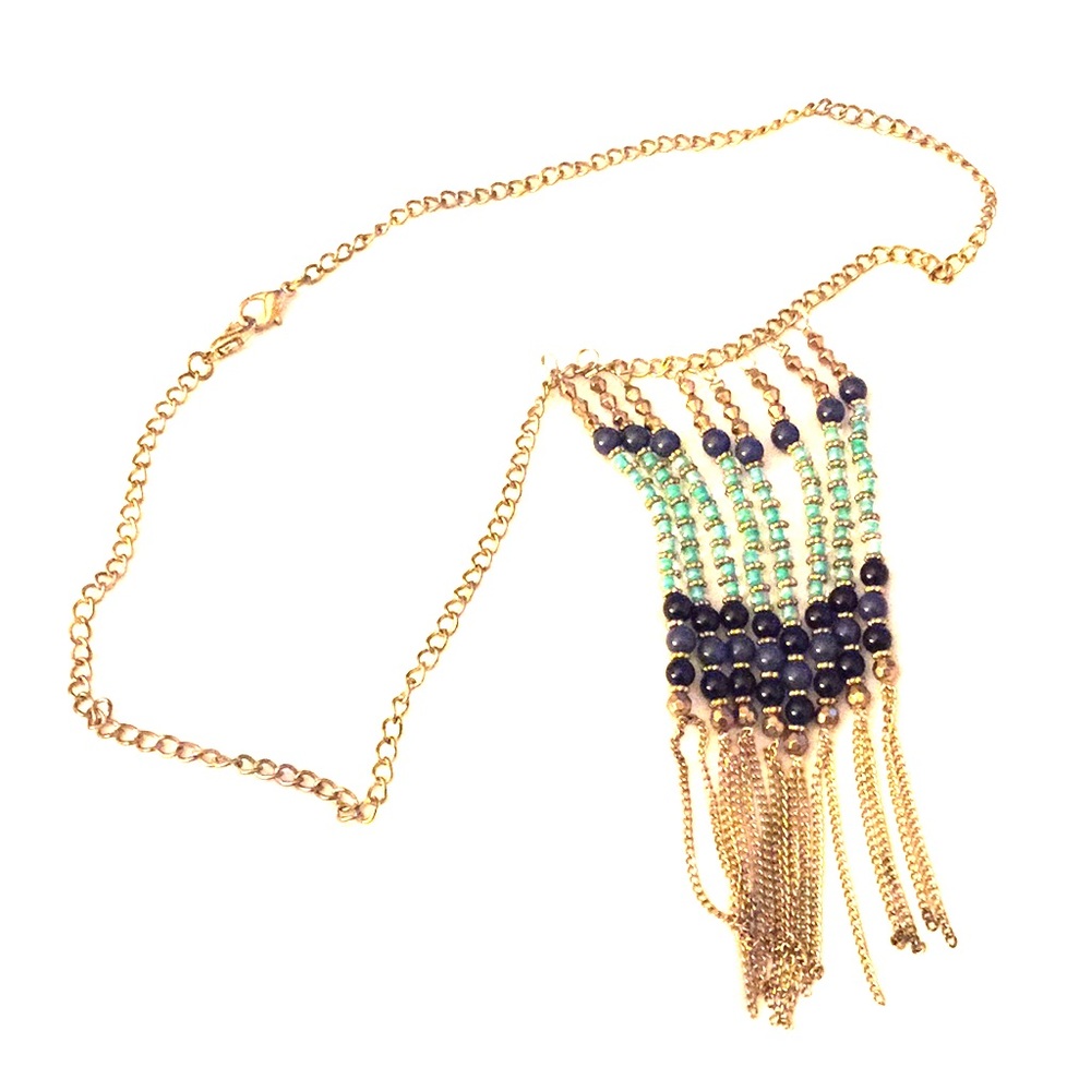 Blue & Gold Long Beaded Dangle Necklace