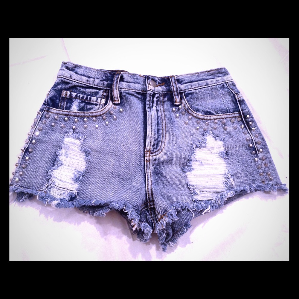 High Waisted Frayed Distressed Studded Shorts