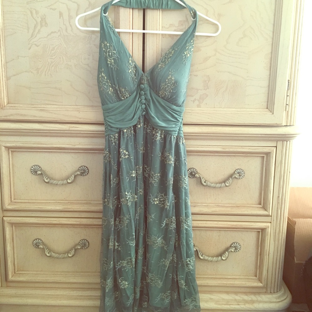 Green and gold lace halter dress