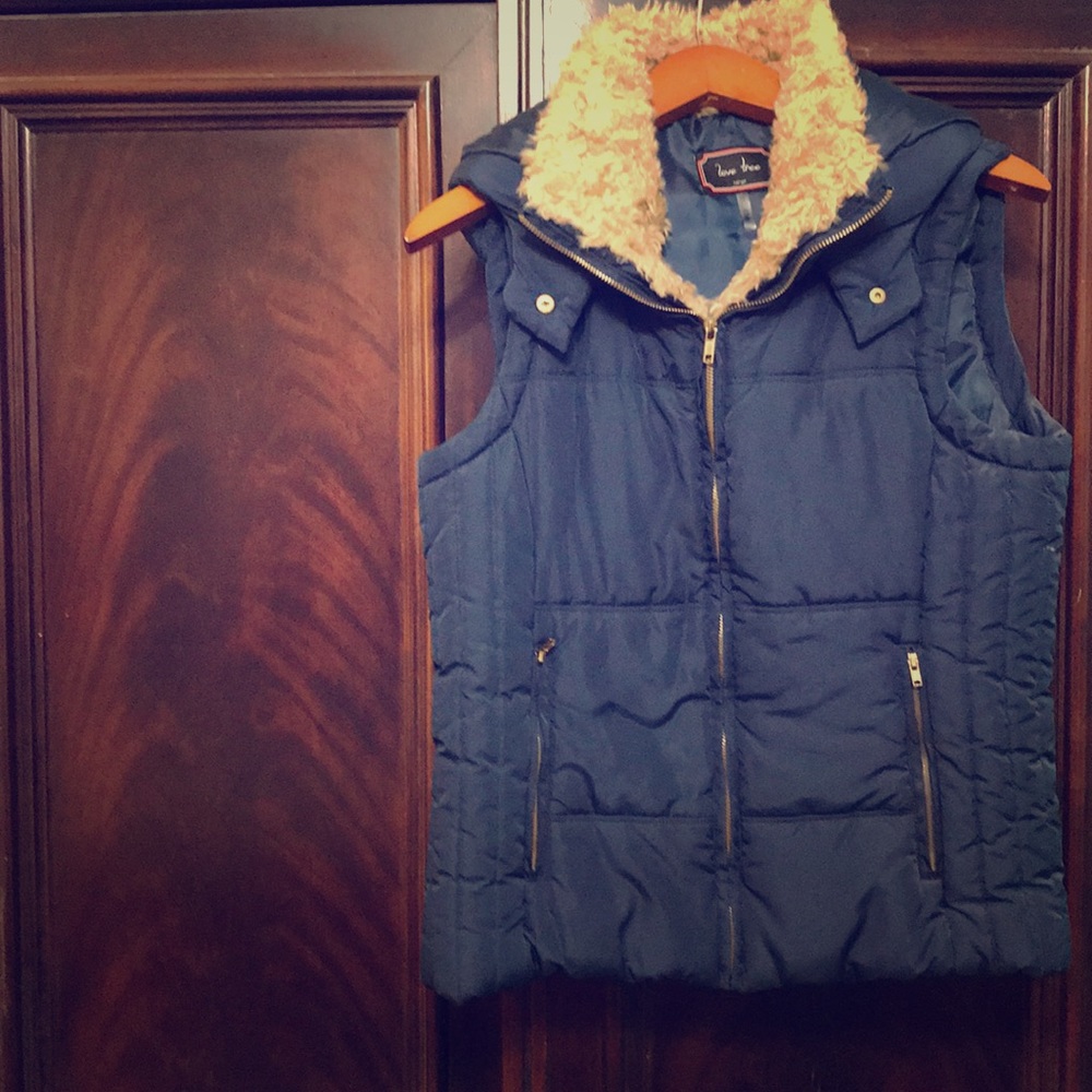 Navy Blue Fur lined puffer vest with hood
