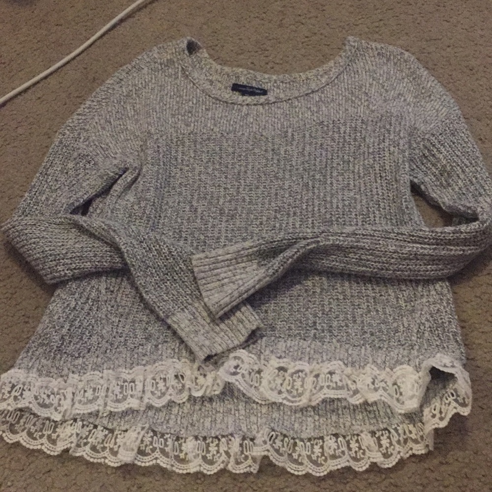 Gray and white sweater with lace detail