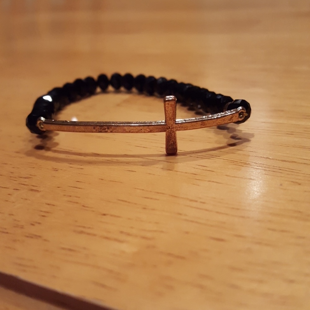 Rose Gold Cross Black Beaded Bracelet