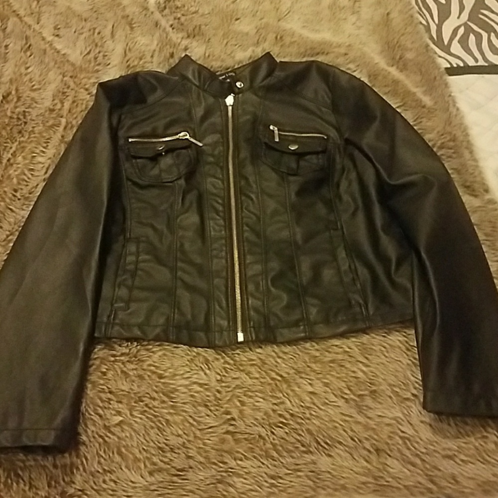 Faux leather black jacket with gold zippers