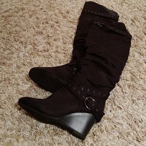 Black Suede Over the Knee Wedge Boots with Buckles