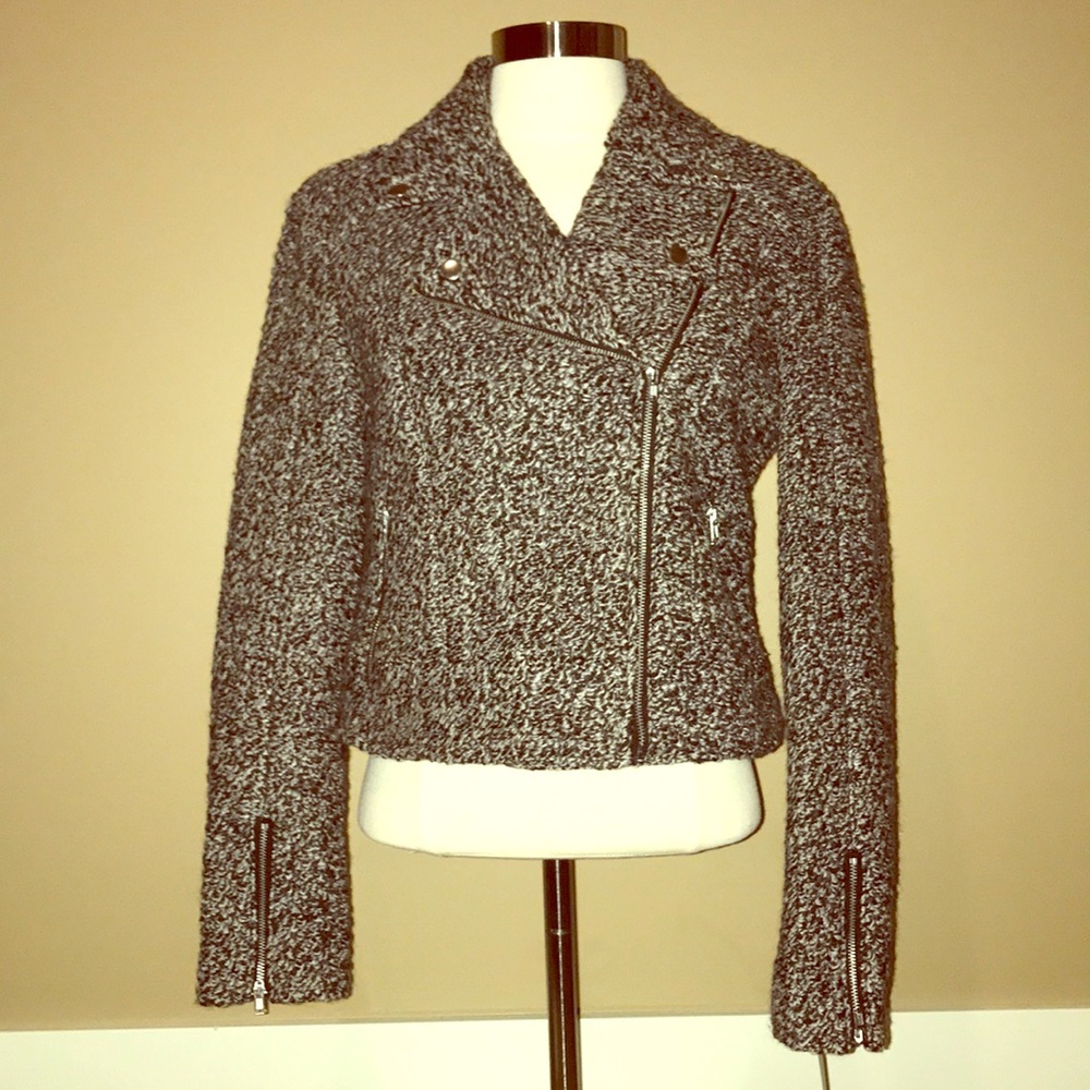 NWT Cropped Speckled Boucle Wool Asymmetrical Motorcycle Jacket