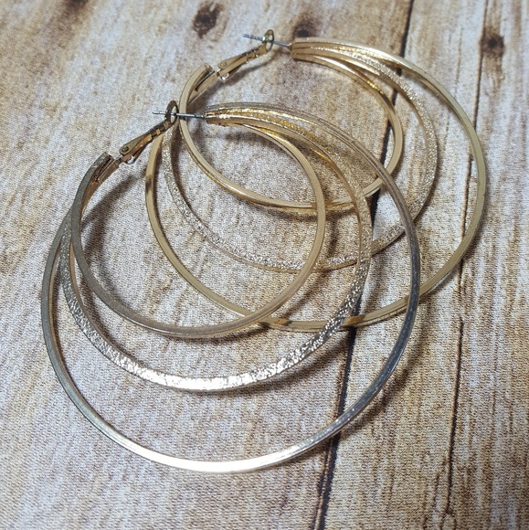 Gold tone. Multi hoop earrings. - Picture 2 of 4