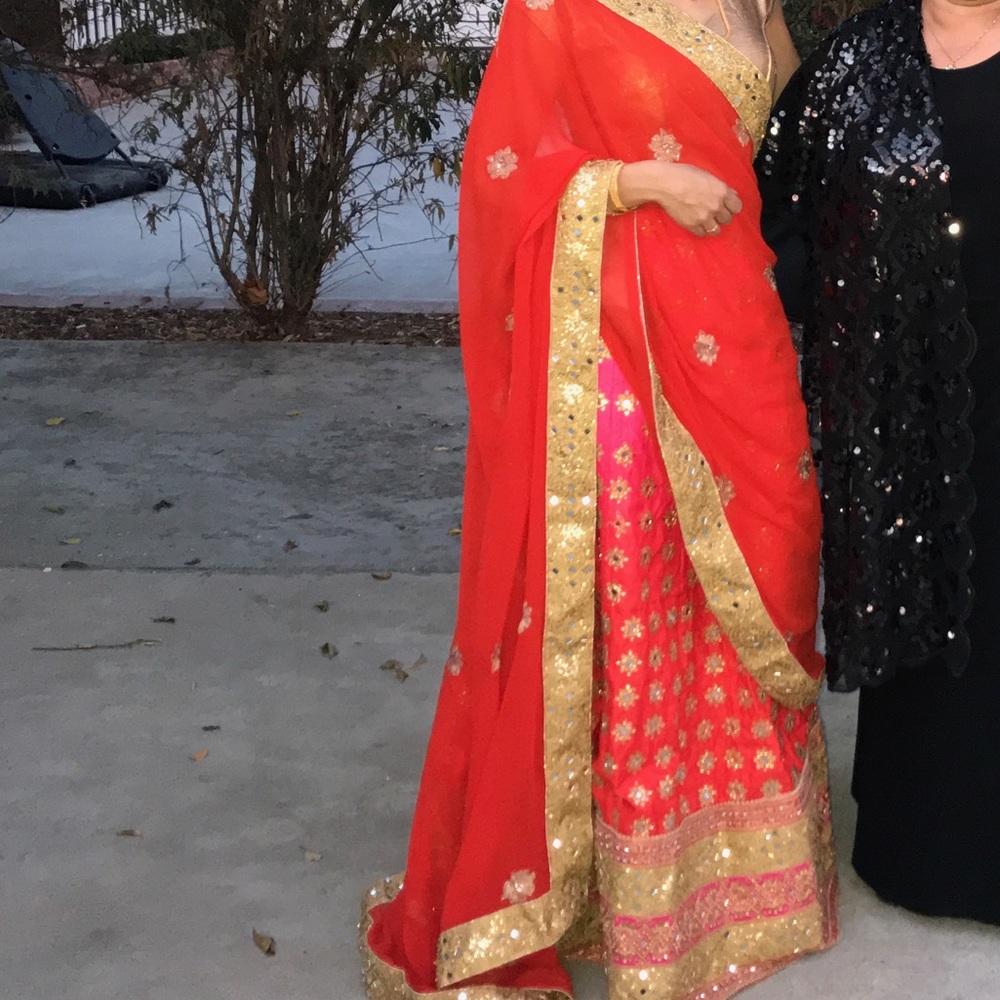 Beautiful orange pink gold Lengha size 4